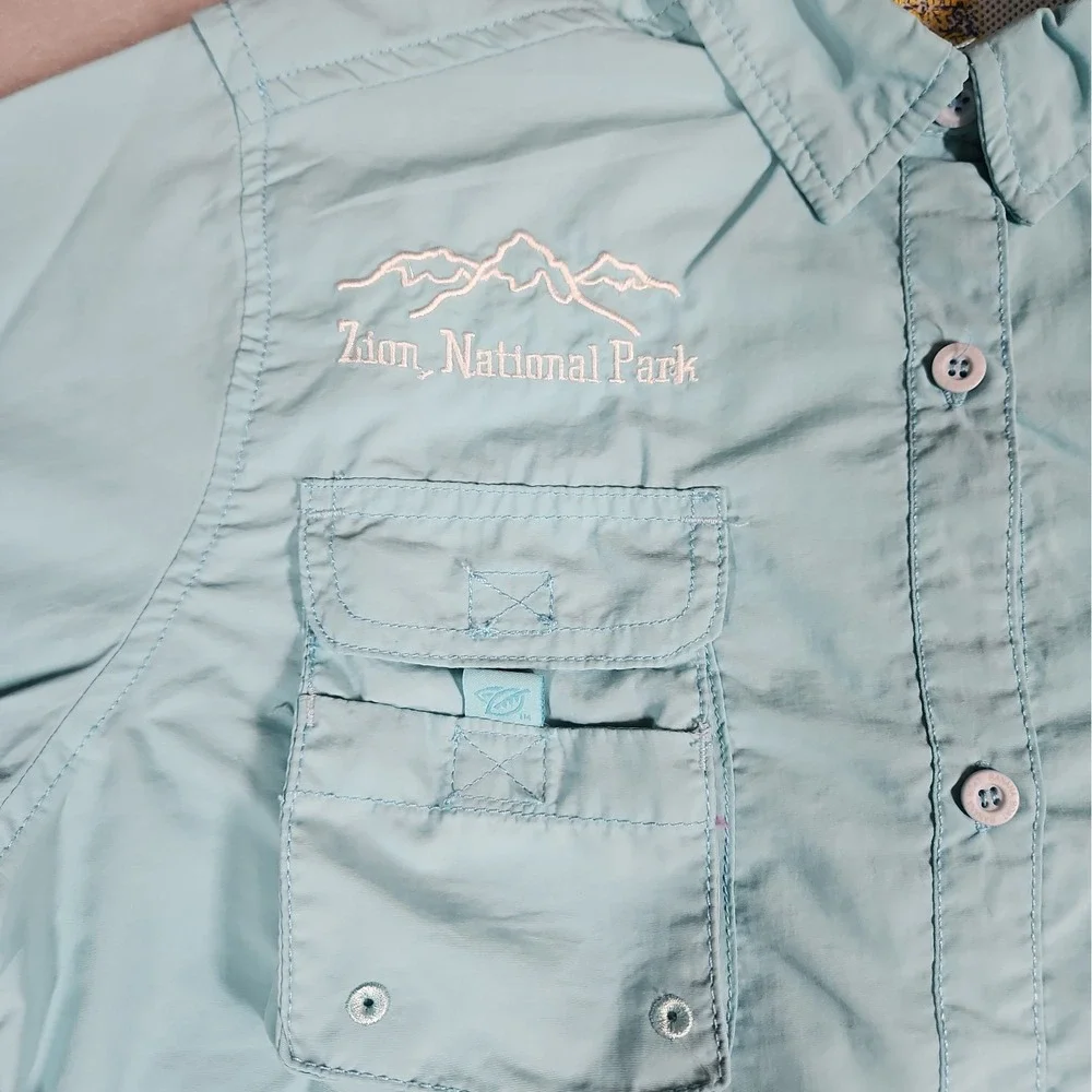 Banana Boat Womens Teal Vented Button Up Zion National Park Shirt Size Large